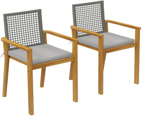 Juego de 2 Sillas de Jardín Exterior de Madera 59x55x86 cm Madera Natural | Sillas de Jardín Apilables, Cojines Desmontables, Brazos, Respaldo de Ratán PE, Carga 160 kg, para Terraza