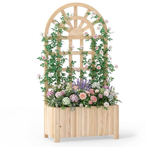GOPLUS Blomlåda med rankgaller, planteringslåda med spaljé och dräneringshål, upphöjd bädd för klätterväxter, planteringskruka trä, trädgårdsbädd för balkong, trädgård och terrass (61 x 30 x 121 cm