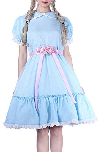 CR ROLECOS Womens Twins Costume Blue Creepy Sister Scary Doll Dress Halloween Party XXL