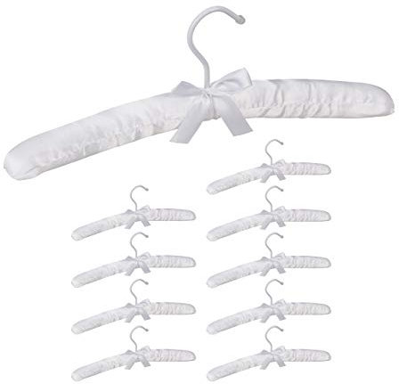 Relaxdays klädhängare satin, 10-pack, mjuk vadderad, 360° vridbar krok, dekorativ rosett, 38 cm bred, vit