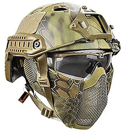 Casque Fast Tactique MH Combiné, avec Protection des Oreilles Pliable, Demi-Masque et Lunettes de Protection pour l'ensemble de Jeu Airsoft Paintball CS