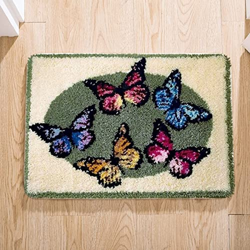 ROCKY&CHAO Myriad Choices Latch Hook Butterfly Rug Kits, Kids Adults Carpet Embroidery Set Beginners Cross Stitch DIY Crochet Needlework Crafts Kits with Yarns, Five Butterflies 20 x15 Inches
