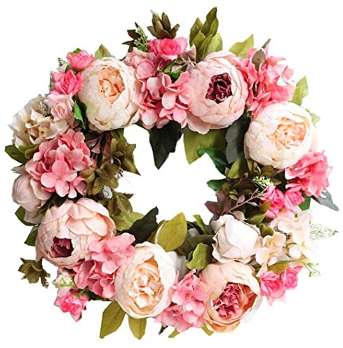 Artificial Peony Flower Wreath,Peony Spring Wreaths for Front Door Outside Rose Summer Wreaths,Artificial Floral Wreath for Farmhouse Office Home Wedding Festival Light Pink