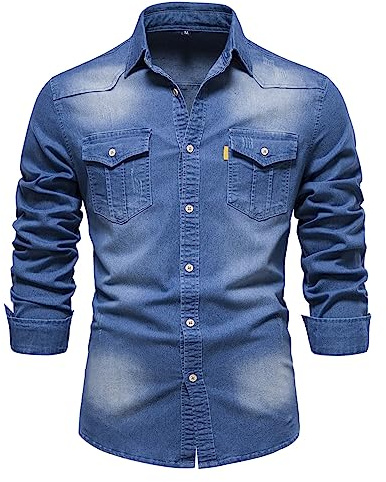 Skrsila Chemise en Jean Homme en Coton Manches Longues avec Poche Chemise Denim Taille Bleu XL
