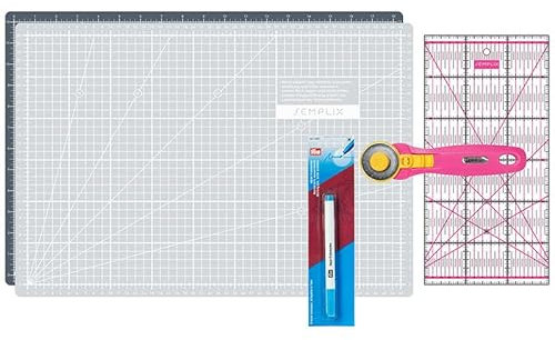 SEMPLIX Skärmattor set – skärunderlägg 45 x 30 cm (A3), rullskärare Maxi, lapptäcke linjal + PRYM Aqua-trickmarkör (grå/rosa)