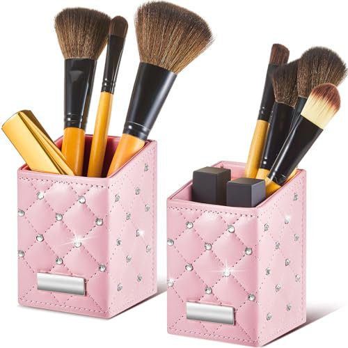 2 Pack Pink Makeup Brush Holders, Small Makeup Organizer for Vanity
