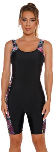 Odizli Maillot de bain pour femme avec jambes - Sans manches - Push Up - Sport - Néoprène - Avec bonnets, noir/rouge, L