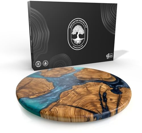 Handmade Olive Wood Round Resin Cheese & Charcuterie Board – Circular Decorative Epoxy Cutting Board with Unique Blue Resin Artwork, Ocean Oasis Design