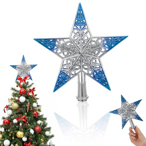 8 Inches Blue Christmas Tree Topper - Hollowed-Out Star Ornament for Xmas Tree Decoration - Silvery Blue