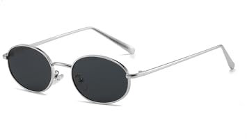 QVKUUT Retro Oval Metallrahmen Sonnenbrille für Damen Herren(Silber/Schwarz)