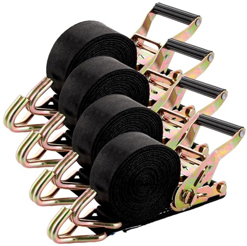 DAJAVE Lot de 4 sangles d'arrimage à cliquet de 6 m - Noir - 2000 kg - Résistantes aux intempéries - Pour véhicules et charges légères