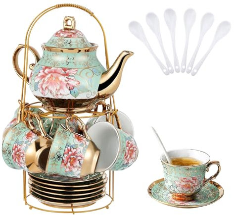 Service à thé 20 pièces en porcelaine avec support en métal, service à thé pour adultes, service à thé européen en céramique pour adultes, ensemble de tasses à thé à fleurs pour fête avec peinture de