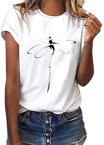 heekpek T Shirt Donna Manica Corta Bianca Cotone Maglietta Manica Corta Donna Casual Girocollo Stampa Estiva Base Tee Bluse, Libellula Nera, S