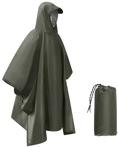 UrbanMover Waterproof Rain Poncho Lightweight Reusable Rain Poncho Adult with hood for Outdoor Activities Hiking Camping Cycling Traveling, One Size for All Quick Dry Windproof Ripstop Green-Sliver