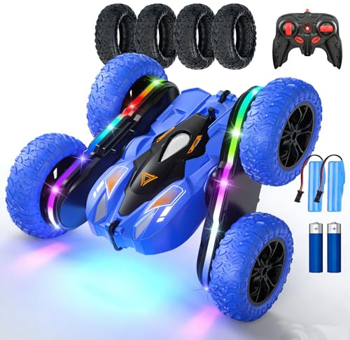 Wedopro RC Car for Boy Ages 6-12: 2 Batteries 360° Stunt Rotating 4WD Remote Control Toy with Headlights, Indoor Outdoor Birthday Gifts for Kids 6 7 8 9 10 11 12, Blue