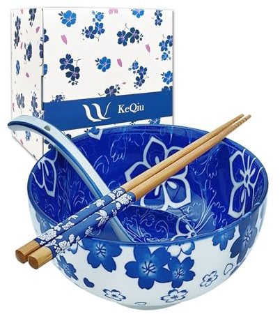 KeQiu Japanese 28 Oz Ceramic Ramen Noodle Soup Cereal Pho Rice Salad Bowl Set with Chopsticks and Spoons, Microwave and Dishwasher Safe