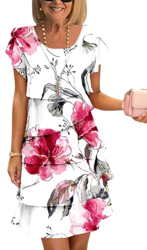 Onsoyours Femmes Été Robe en Mousseline Col Rond Élégante Robes De Soirée Fleurs Impression À Manches Courtes Volants Léger Et Respirant Mini Dress Décontracté Cocktail B01 Rouge XXL