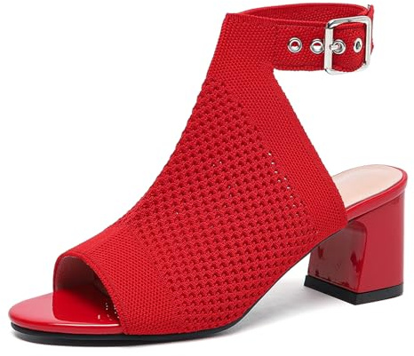 GHIBHNA Women'S Knitted Peep Toe Slingback Chunky Heel Buckle Ankle Boots Summer Breathable Mesh Open Toe Hollow Block Heel Sandals Fashion Work Walking Sandals (red,5)