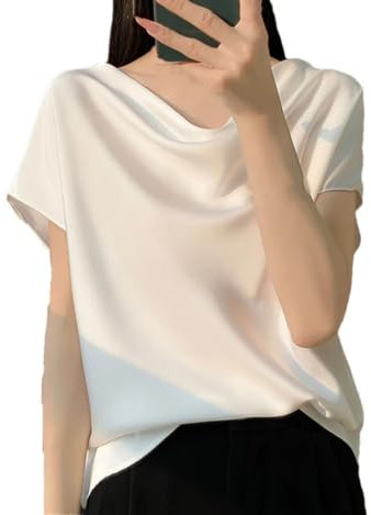 Dam t-shirt silke kortärmad ledig enfärgad satinblus damkläder lösa t-tröjor, Vitt, XL