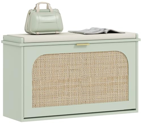 HOMCOM Narrow Shoe Bench with Padded Seat and Flip-Drawer, Boho Shoe Storage Bench with Rattan Door and Adjustable Shelf for Hallway, Entryway, Holds 8 Pairs, Light Green