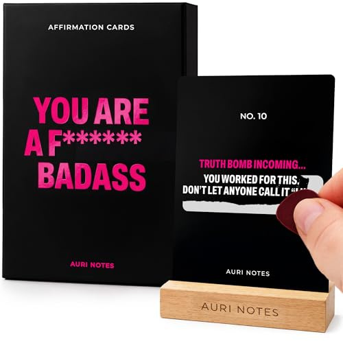 Badass Affirmations for Women, Scratch-Off Daily Affirmation Cards 4x5 Inch — 52 Bold, Unique Sweary Affirmations with Premium Gift Box and Wooden Stand — Funny Motivational Friend, Sister Gift