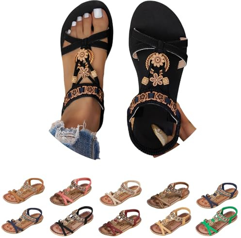 Générique Sandale Orthopédique Femme Été Bohême Chaussures Élégantes Bout Ouvert Élastique Sangle Strass Sandales Confortables Léger Avec Support Plates Orthopédiques Chaussures