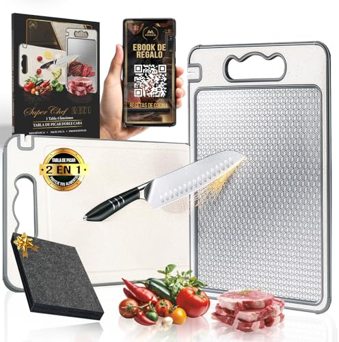 MANROVID® Tabla De Cortar Acero Inoxidable 304 PREMIUM + QR Con 30 Recetas | Tabla De Cortar SIN BPA | Tabla Acero Inoxidable Cocina | Ideal para Carne, Pan, Verduras y Frutas (36cm x 25cm)