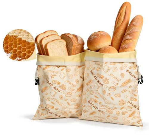PZCC 2 sacchetti per il pane riutilizzabili in cera d'api, sacchetti in cera d'api naturale con manici, ideali per la cucina, il campeggio e i picnic.