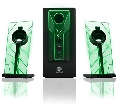 GOgroove BassPULSE 2.1 LED Satellite Stereo PC Computer Gaming Speakers with Green Glow Lights, Bass Controls and Powered Subwoofer-Compatible with PC, Mac, Desktop, Laptop and More Multimedia Devices