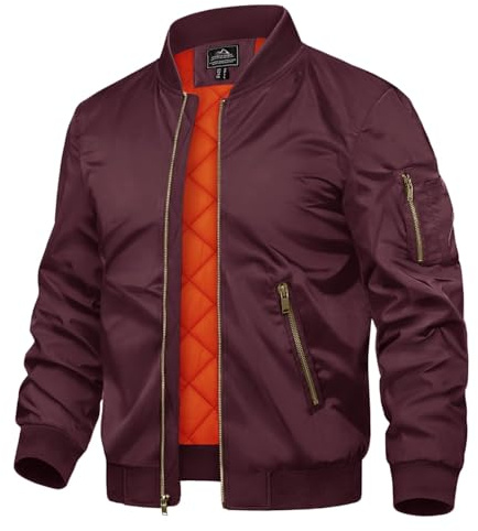 TACVASEN Bomber Jackets Mens Lightweight Jacket Quilted Winter Jacket Casual Coats Hiking Camping Windbreaker Fishing Hunting, Red, L