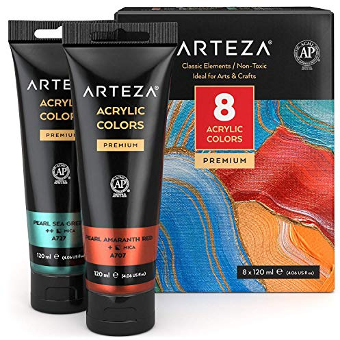 ARTEZA Metallic Acrylic Paint, Set of 8 Classic Elements Colors 4.06oz Tubes, Rich Pigments, Non-Fading, Paints for Artists & Hobby Painters, Art Supplies for Canvas Painting & Crafts