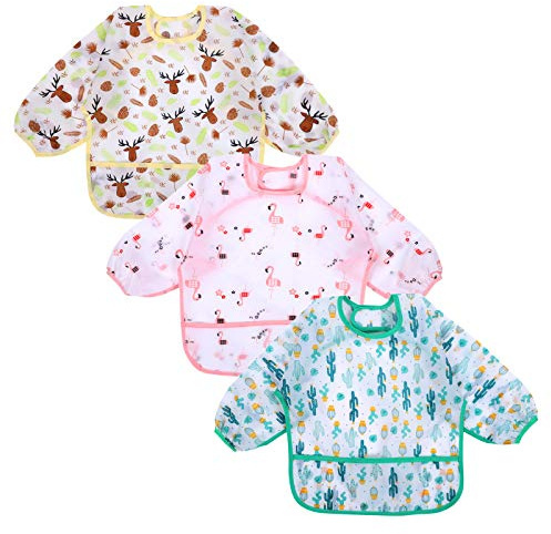 Accmor 3 Pack Long Sleeve Bibs, Baby Smock Waterproof Sleeved Bib Smock for Baby Toddler 24-36 Months