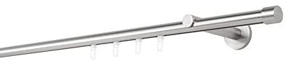 ondeco Gardinenstange auf Maß Innenlauf 20mm Cap 1-lauf Vorhangstange Wandträger 12cm Stilgarnitur Gleiter für Vorhänge Edelstahl-Optik 210cm