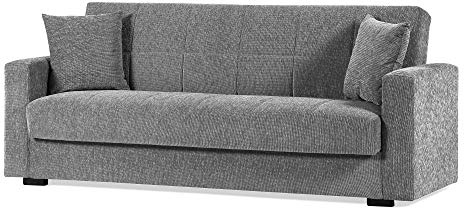 Arredo Stock Divano letto in tessuto grigio con cassettone contenitore e cuscini (3 posti)