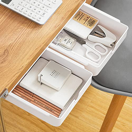 FRETONBA Schublade unter Schreibtisch 2 Stück, Aufbewahrungsbox Mini, Selbstklebende Schubladen Organizer für Büro, Versteckte Schubladenbox Weiße