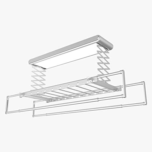 SKYLYZH Elektrischer Wäscheständer,Hebender wäascheständer Decke, Elektrischer Deckenwäschetrockner, Kleiderstange 1,1-2 m, mit Fernbedienung + LED-Beleuchtung + 1,3 m elektrische Hubhöhe-Silver