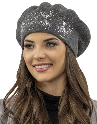 VIVISENCE Damen Baskenmütze Winter Herbst Warme Barette Wolle Elegante Stil 7050, Dunkelgrau,Einheitsgröße