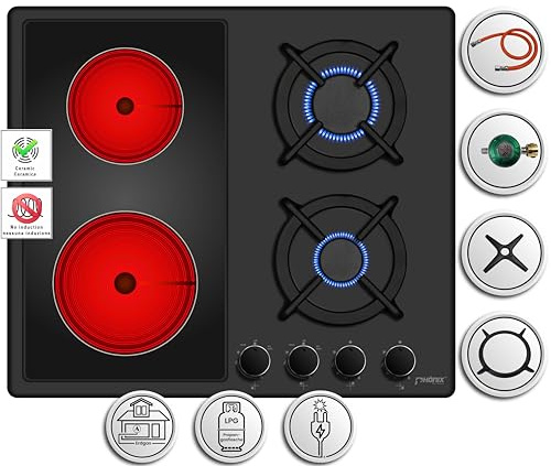Phönix PE-603ET kombi Gaskochfeld Einbau Glaskeramik Kochfeld Gaskocher 4 Kochplatten autark emailliert (freistehend- / Einbau- Gaskochfeld) inkl. Gasschlauch-Regler + WOK-Aufsatz + Herdkreuz