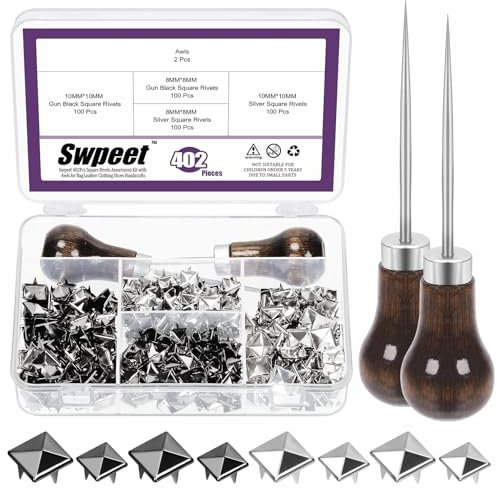 Swpeet 402Pcs Square Rivets Assortment Kit with 2Pcs Straight Tipped Awls, Spots Studs Square Rivets Metal Pyramid Ideal for Bag Leather Clothing Shoes Rivet Handicraft DIY Punk