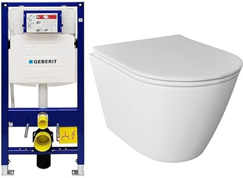 Alpenberger WC mural sans bord - Cuvette avec couvercle en forme de D - Toilettes modernes avec réservoir de chasse Geberit - Ensemble complet de toilettes suspendues