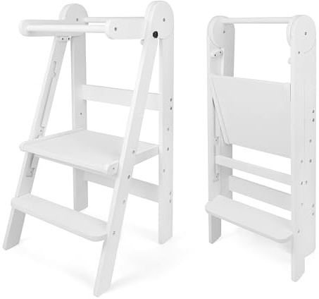 509 LOFTY Torre de Aprendizaje Plegable, Ayudante de Cocina para Niños, Montessori, Taburete Escalón, Plegable Conveniente para Almacenamiento, Ajuste de Plataforma de Pie de 3 Alturas, Color Blanco