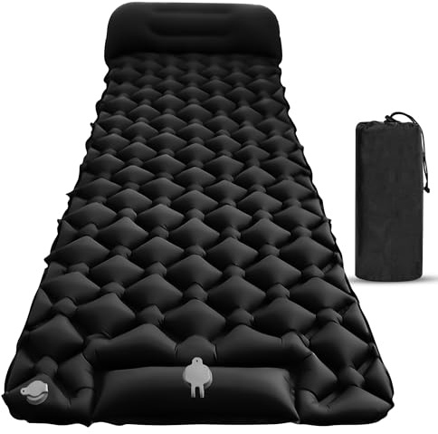 Outbee Matelas Gonflable Simple pour Le Camping - Matelas Auto-Gonflant avec Pompe À Pied Intégrée Et Oreiller De Voyage | Matelas De Sol pour La Randonnée Et Le Trekking - Noir