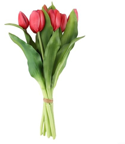 Bouquet di 7 tulipani finti realistici, fiori artificiali per feste di nozze, decorazione della casa, 33 cm, multicolore, decorazione primaverile (rosso)