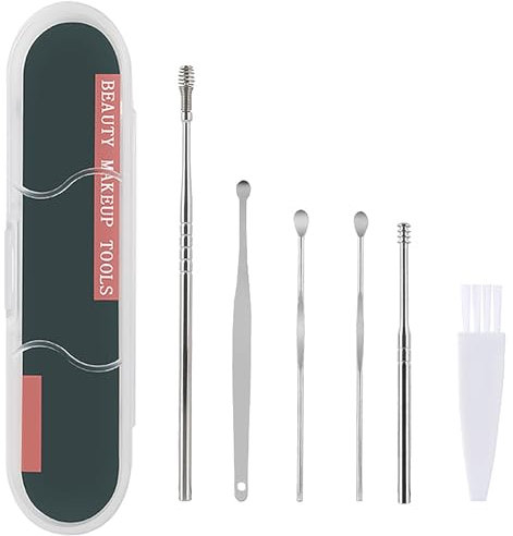 WOLMIK Ear Cleaner, 6-in-1 Earwax Removal Set, Stainless Steel Ear Wax Remover, Ear Cleaning Tools with a Cleaner Brush and Storage Box, for Adults and Children