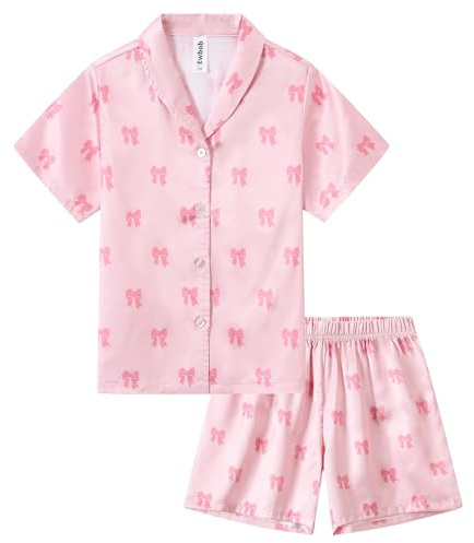 Ewbob Girls Silk Satin Pyjamas Set Short Sleeve Button-Down Kids PJs Breathable Soft Nightwear Children Sleepwear Age 5-14(C9-001)-Pink Bow-13-14Y