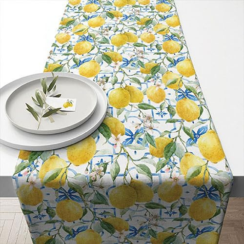 Ambiente Runner da tavola in cotone, 40 cm x 1,5 m, con motivo a limoni, nastro stampato, biancheria da tavola per estate, giardino, feste, decorazione estiva per feste, tovaglia, runner mediterraneo