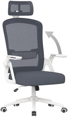 naspaluro Ergonomic Office Chair, Desk Chairs with Headrest, Height Adjustable Computer Executive Work Chair, Swivel Mesh Chair with 90° Flip-up Armrest & Lumbar Support for Home/Office-Grey Blue