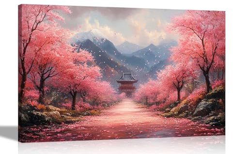 Artley Prints - Japanese Temple Path Cherry Trees Mountains Canvas Wall Art Prints Pictures for Living Room Conservatory Hallway Decor 76 x 50cm (30 x 20 inches)