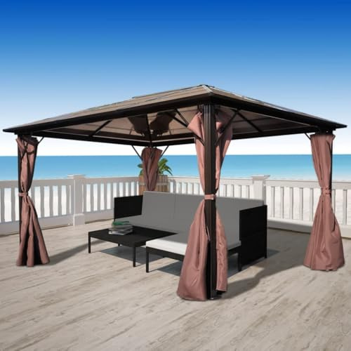 QJBSAVVA Tonnelle marron 400 x 300 x 240 cm - Armature en aluminium 6 mm - Protection UV - Toit en polycarbonate stable pour jardin, barbecue, camping, événement - Tente de jardin élégante pour