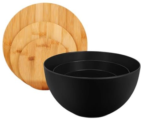 Nudorpn Set di 3 ciotole con coperchi – Set di contenitori per alimenti, contenitore da cucina con dischi di legno per trucioli di pane, zuppa – per preparare e conservare patatine, cibo, zuppa, pane